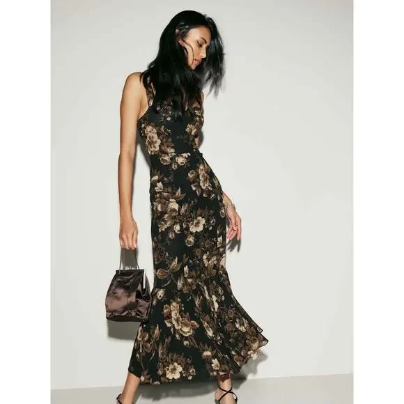 Reformation Irisa Black Floral Midi Dress Size 8 Ruffle Hem Lace Trim Grand Dame - Picture 4 of 16